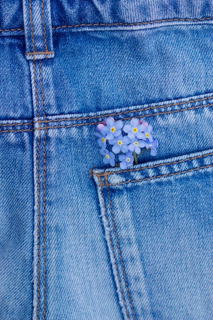 blue jeans con un ramoscello di fiori blu in tasca