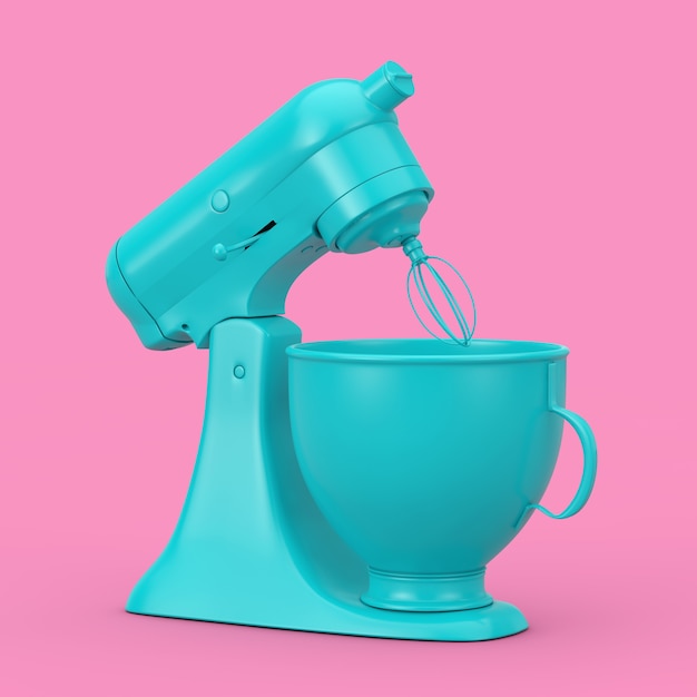 Blue Kitchen Stand Food Mixer in stile bicolore su sfondo rosa. Rendering 3D