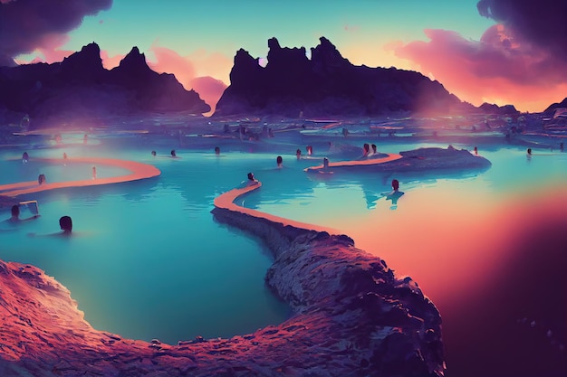 Blue Lagoon Islanda arte digitale pittura orizzontale vista laterale skyline