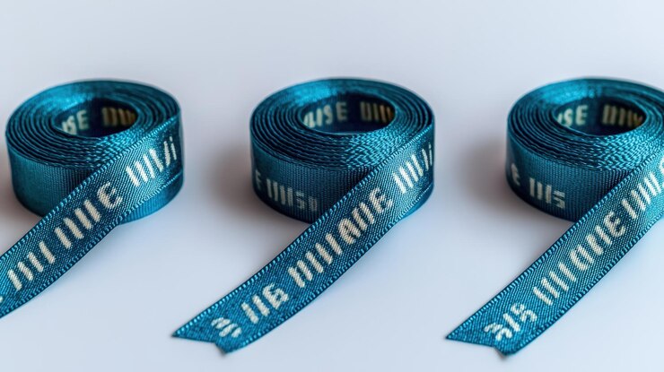 Photo blue satin ribbons with white text rolled isolated on white background