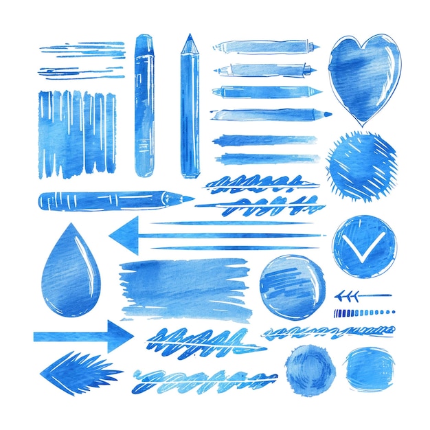 Blue set collection Marker disegnato frecce colorate vortici e forme scarabocchiate.