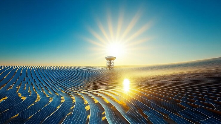 Foto blue skya è un'enorme fattoria solare situata nel deserto. la fattoria è composta da migliaia di pannelli solari.