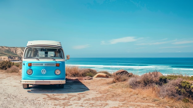 Blue Vintage Van a Surf Beach