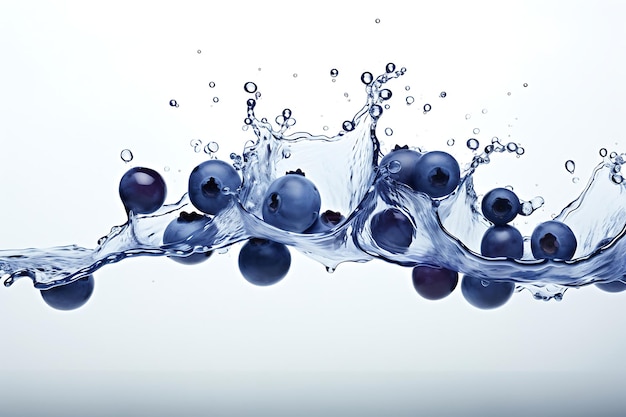 Blueberry fresco e spruzzo d'acqua su sfondo bianco