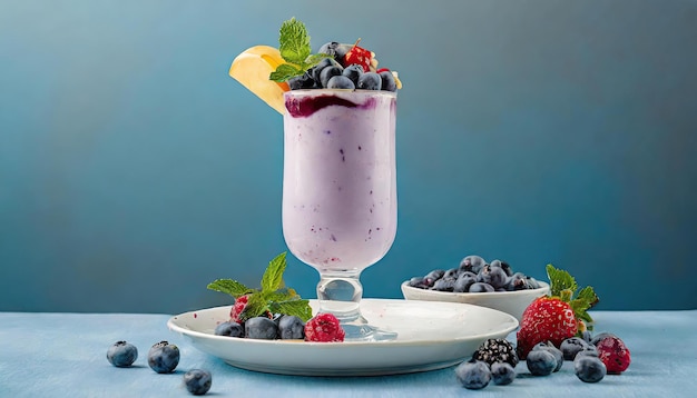 Blueberry milk shake glass con condimento di frutta e bacca e piatto vuoto nell'angolo Generato AI