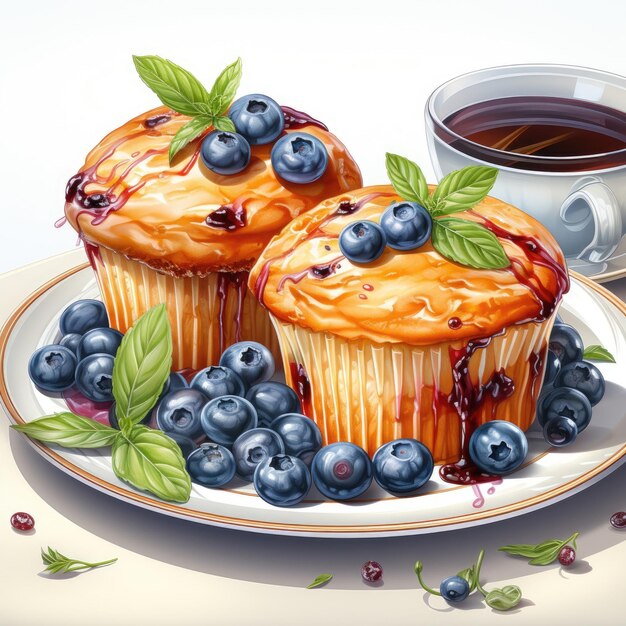 Blueberry Muffins stile disegnato a mano isolato su sfondo bianco AI generativa