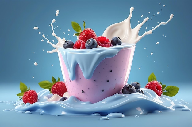 Blueberry yogurt pubblicizza un delizioso spot di yogurt con latte e marmellata di frutta spruzzati insieme in illustrazione 3D