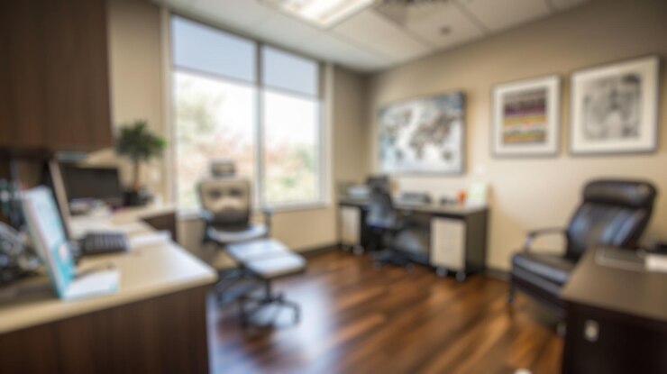 Photo blur background of reception area in a modern medical clinic with chair spate