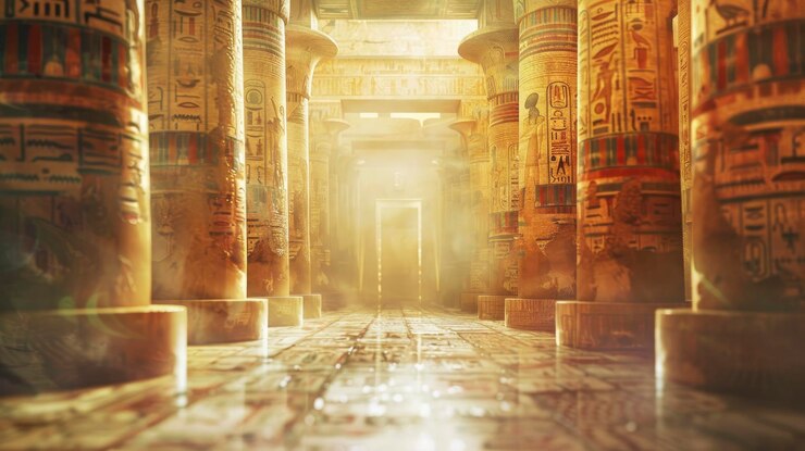 Blurred ancient Egyptian temple interior with no people classical interior light colors background