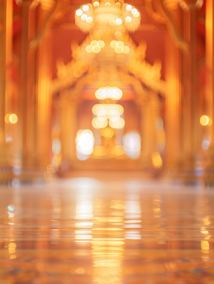 Blurred Buddhist temple interior with no people classical interior light colors background wallpaper