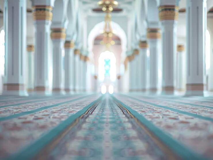 Blurred Muslim mosque interior with no people classical interior light colors background wallpaper