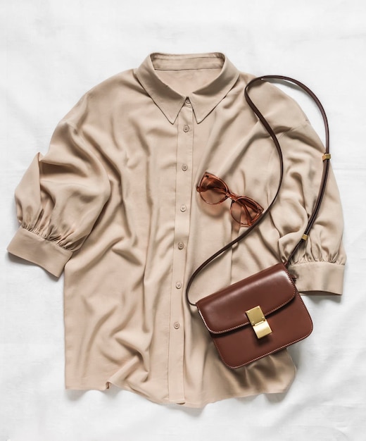 Blusa in viscosa elegante camicia da donna oversize borsa a tracolla e occhiali da sole su sfondo chiaro vista dall'alto