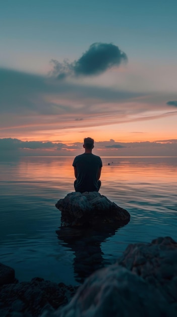 BMan seduto su una roccia nell'oceano a guardare il tramonto