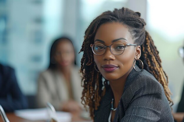 Boardroom Brilliance CloseUp di una donna d'affari nera sicura di sé che conduce una riunione con equilibrio e professionalità