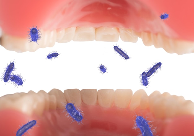 Bocca aperta piena di virus e batteri