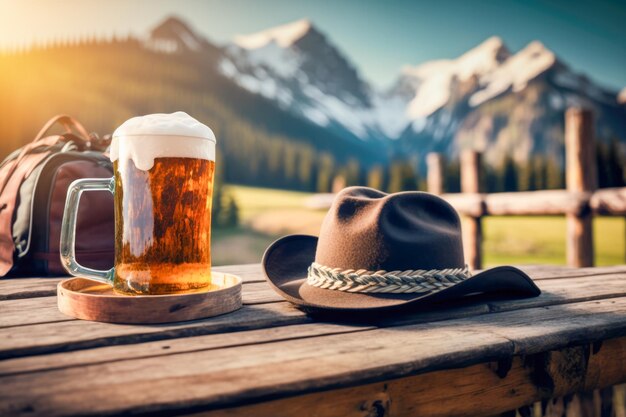 Boccale riempito con una birra dorata fredda condita con schiuma bianca e cappello tradizionale tirolese AI generativo