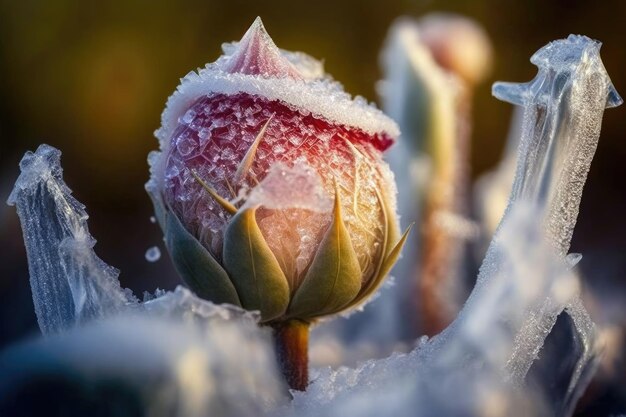 Bocciolo di rosa invernale innevato su sfondo sfocato di cristalli di ghiaccio rosa congelata creato con generativo