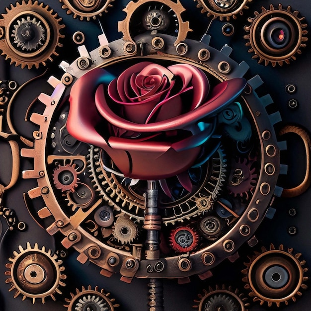 bocciolo di rosa steampunk con ingranaggi a orologeria in metallo e ruggine patinata