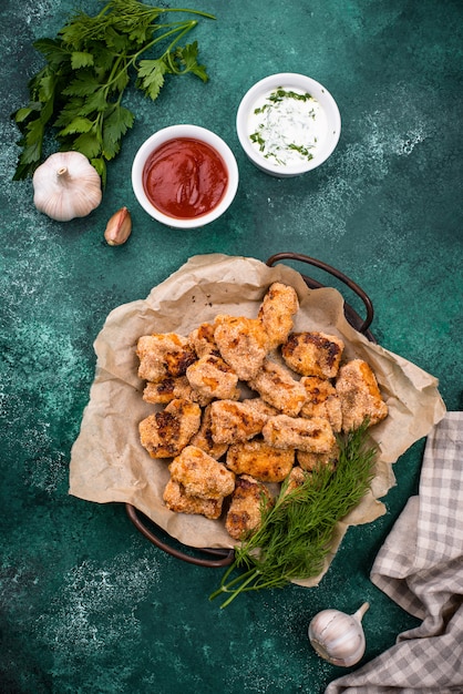 Bocconcini di pollo al forno con salse