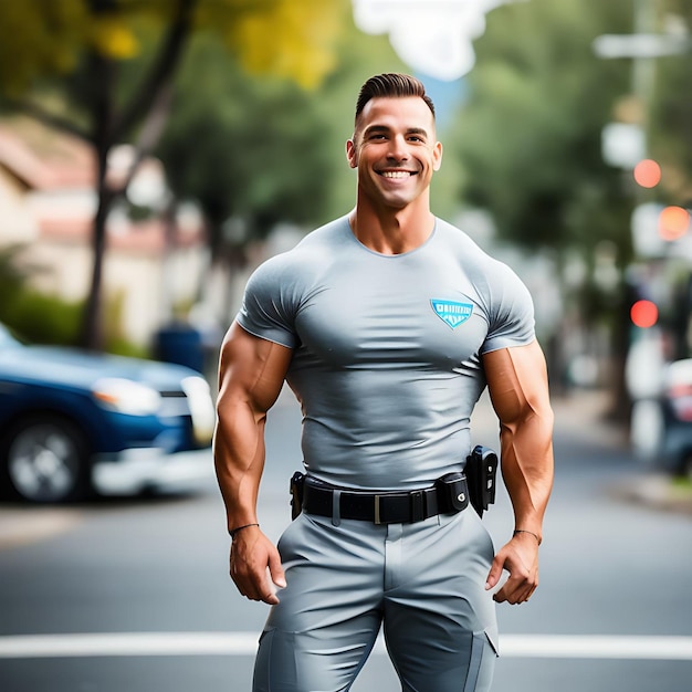 Bodybuilder caldo in uniforme grigia con l'illustrazione realistica del fondo di quartiere