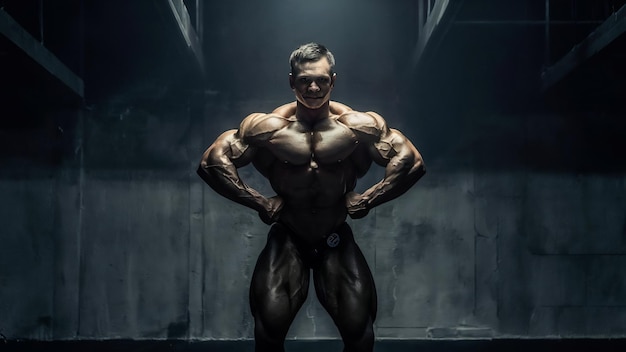 Bodybuilder che posa un uomo muscoloso in una scena buia