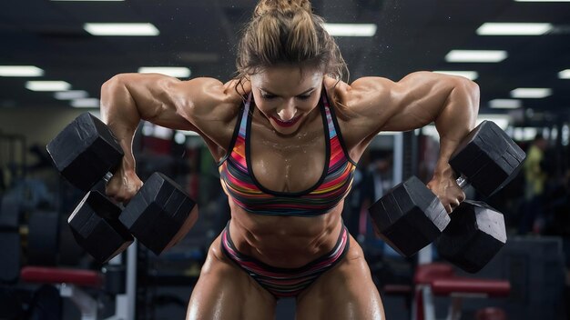 Bodybuilder femminile che allena i tricipi in palestra