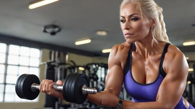 Bodybuilder femminile che si allena i bicipi con i manubri