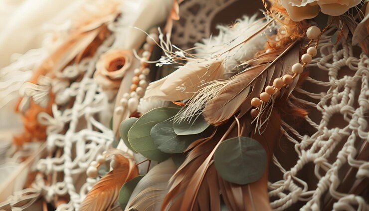 Photo bohemianinspired wreath with feathers macrame accents and dried eucalyptus
