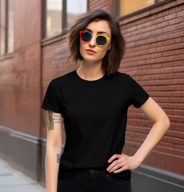 Boho Hipster ragazza che indossa una maglietta nera vuota e jeans che posano contro il muro della strada