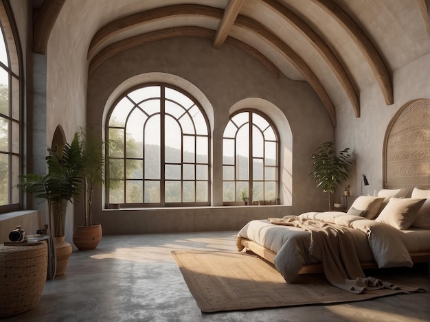 Boho interior design di una camera da letto moderna soffitto in stucco ad arco e finestra a griglia nella stanza della fattoria