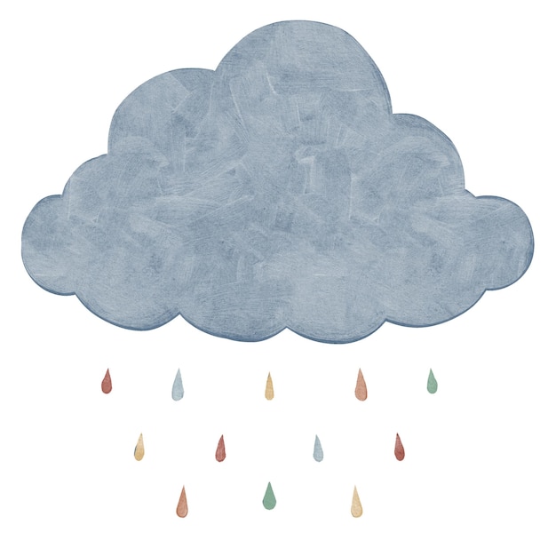 boho pastel watercolor cloud with rainbo drops on the white background