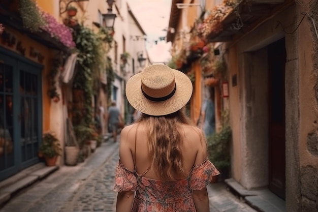 Boho ragazza che cammina in un pittoresco villaggio con strade strette e affascinanti vetrine vista posteriore