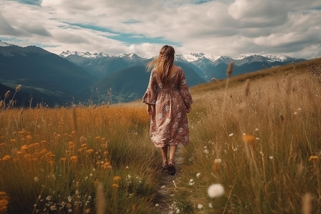 Boho ragazza che cammina in un prato pieno di fiori selvaggi con vista sulle montagne innevate vista posteriore