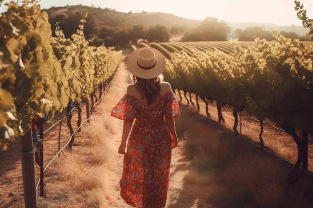 Boho ragazza che cammina in un vigneto con filari di viti e dolci colline vista posteriore