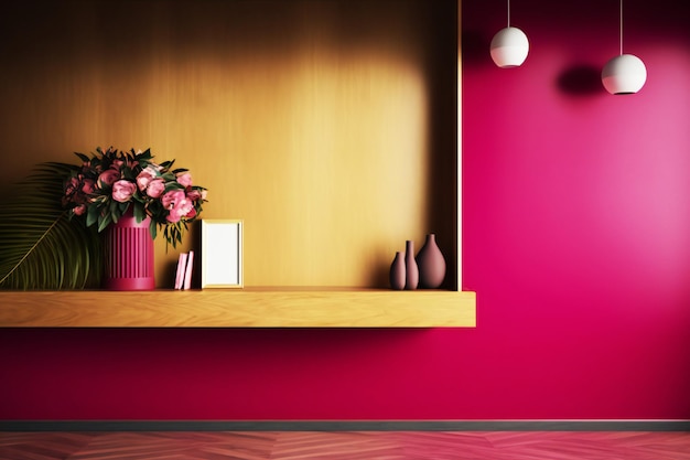 Boiserie Viva magenta con mensola in legno