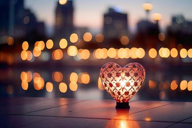 Bokeh a forma di cuore sfocato sullo sfondo la sera con luci della città generative ai