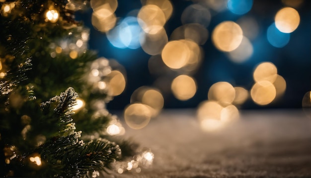 bokeh tiro di un albero di Natale coperto di fiocchi di neve scintillanti Banner di Natale