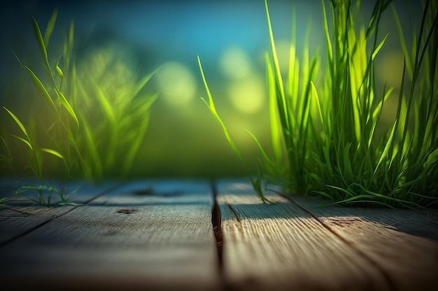 Bokeh verde luce del sole e nuova erba primaverile su un pavimento di legno un incantevole ambiente naturale IA generativa