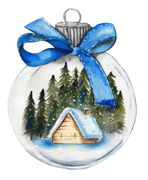 Bola di vetro con casa di legno nella neve e la foresta dietro dentro