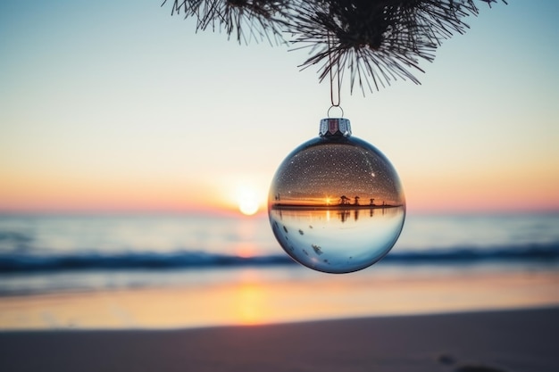 Bola di vetro di Natale al tramonto sulla spiaggia