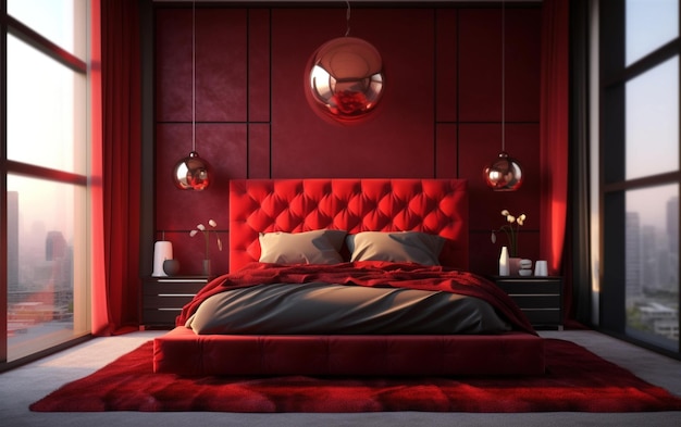 Bold Ruby Red Un design per la camera da letto lussuoso e moderno Generative AI