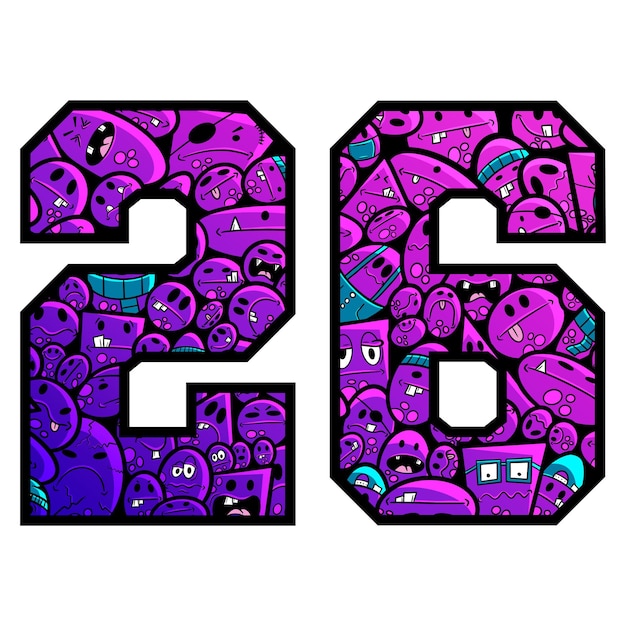 Bold Varsity Style Numbers with Fun Cartoon Doodles Eye Catching Playful Design for Sports And More