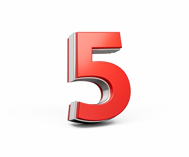 Bold Vibrant Red Number Five Number 5 con elegante lucentezza metallica su sfondo bianco Illustrazione 3D