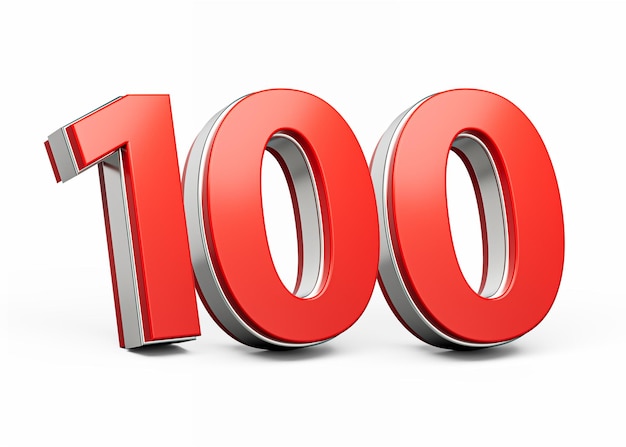 Bold Vibrant Red Number Hundred Number 100 con metallico su sfondo bianco Illustrazione 3D