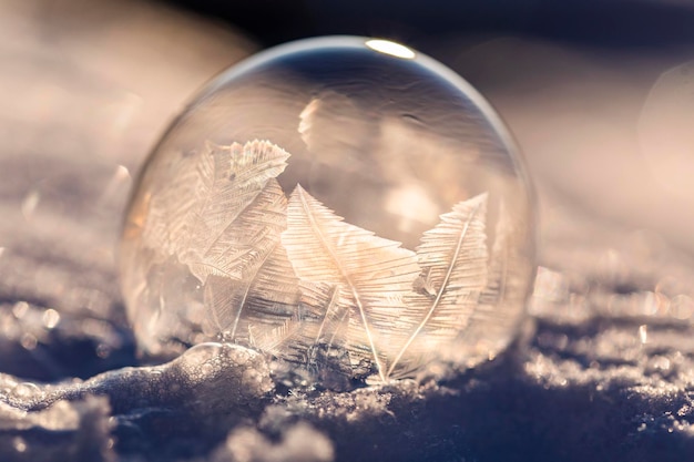 Bolla di sapone nella neve in inverno Modelli di ghiaccio sulla superficie