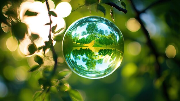 bolla di sfera di vetro con un riflesso del mondo che simboleggia la crisi ambientale