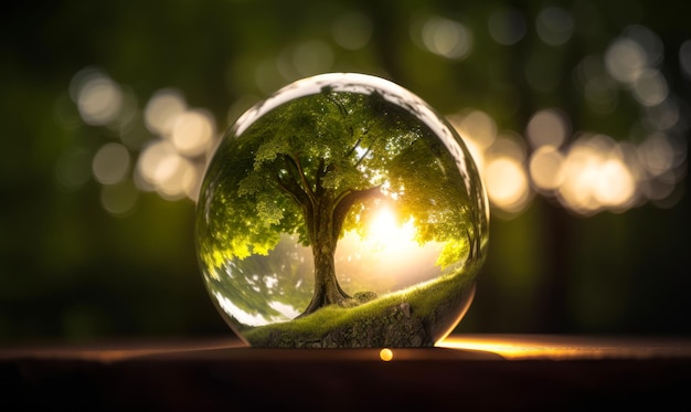 Bolla di vetro con un albero sull'erba e sole splendente Luci sfocate sullo sfondo IA generativa