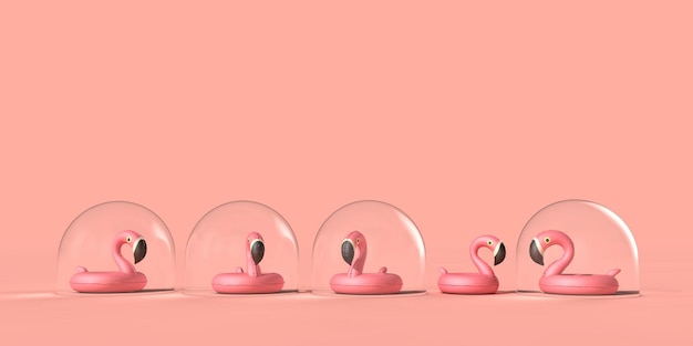 Bolla di viaggio per le vacanze di coronavirus. Flamingo in una bolla protettiva Rendering 3D.