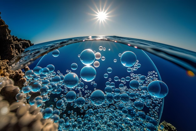 Bolle blu nell'acqua con il sole che splende su di loro