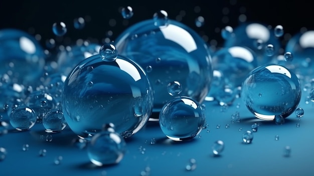 Bolle blu su una superficie blu con gocce d'acqua